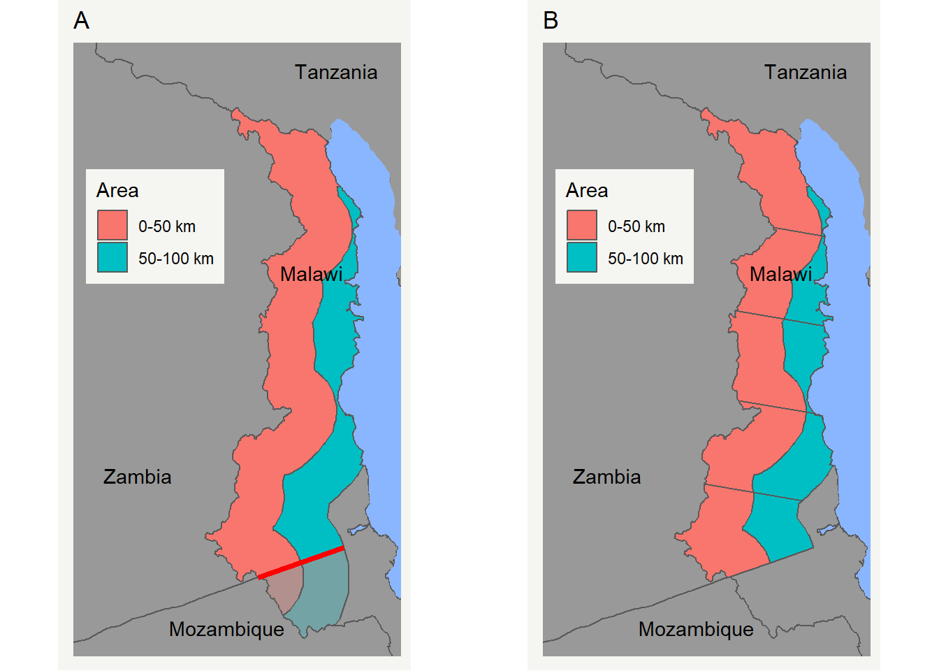 Sampling areas in Malawi. Panel A shows the cut-off facilitated by the extended Zambian border line (red) and Panel B shows the final sampling area which is divided in ten bins.