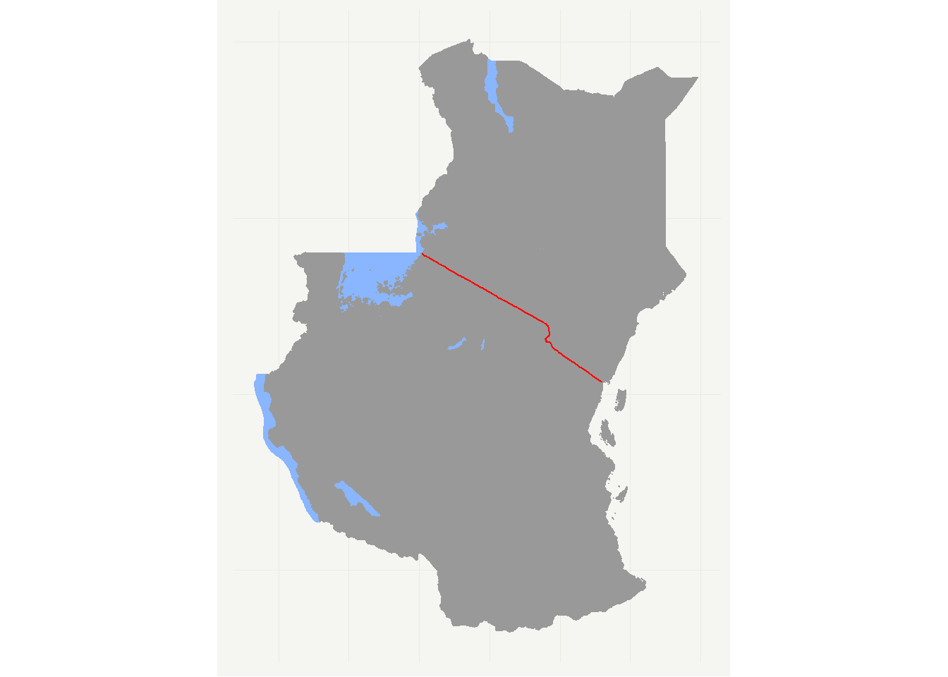 Kenya and Tanzania with shared land border in red.