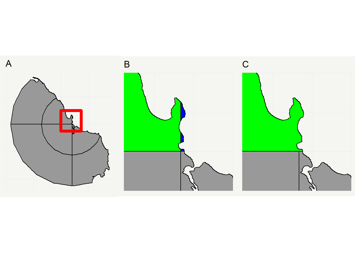 Panel A shows sampling bins for Dar es Salaam. The red rectangle is the clipped area shown in Panel B and C. The green and blue area in B are merged to the blue area in C.