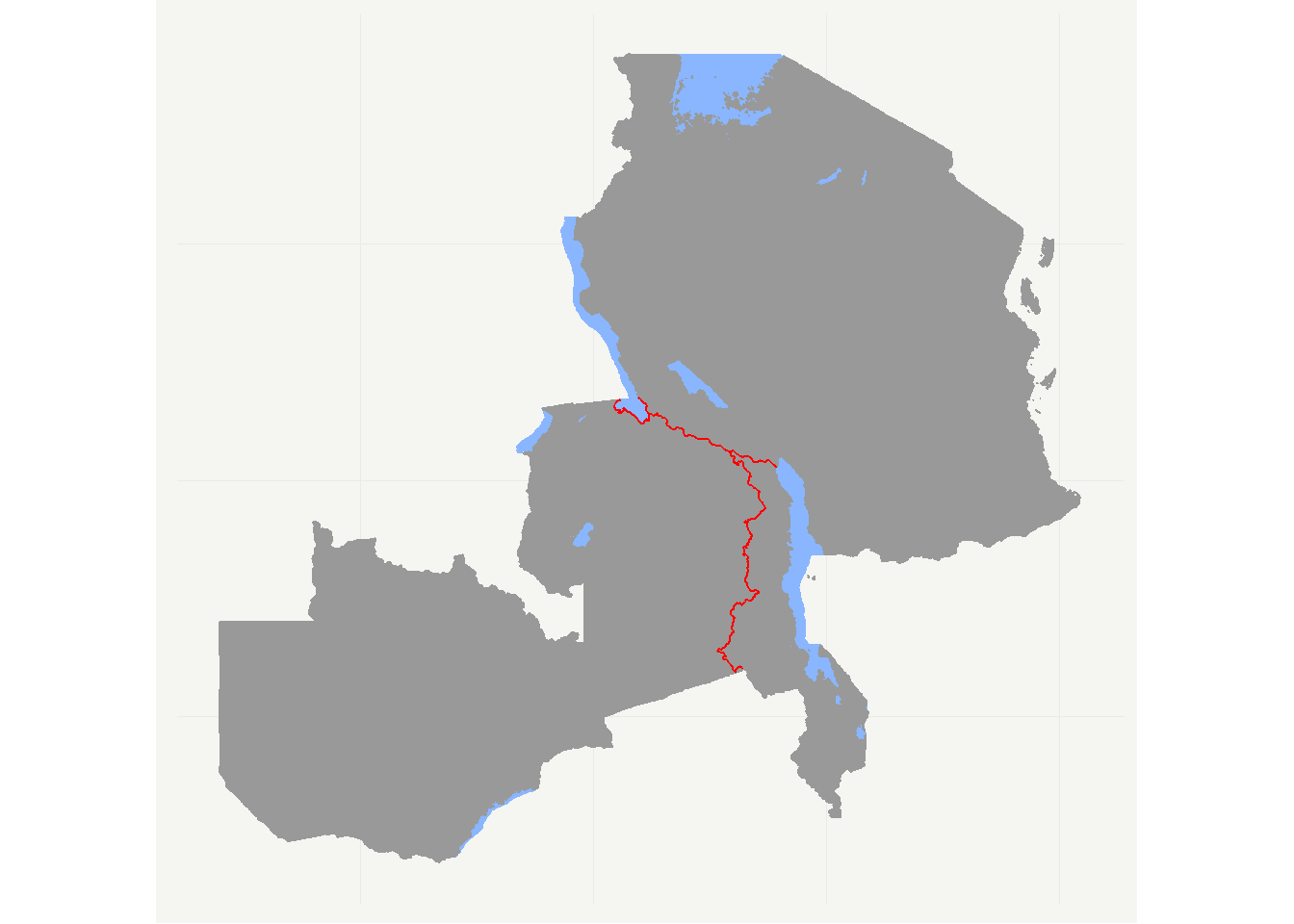 Malawi, Tanzania, and Zambia and their common border in red.